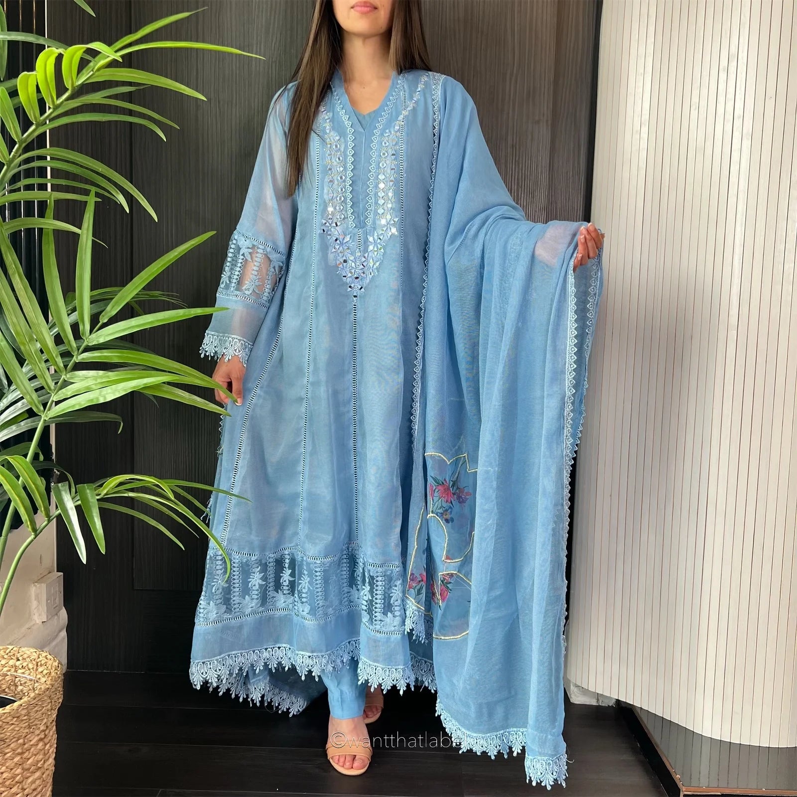 Fatimah Powder Blue Mirror Embroidered A-Line Dress Suit