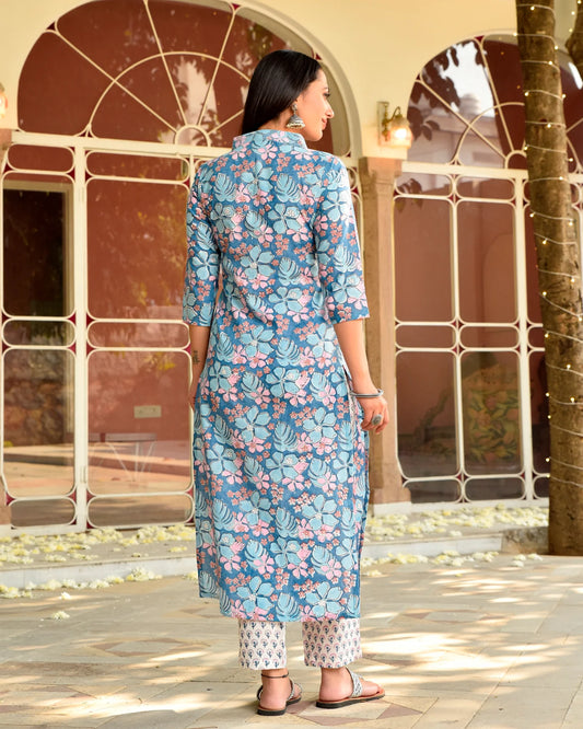 Banni Blue Cotton Straight Suit Set